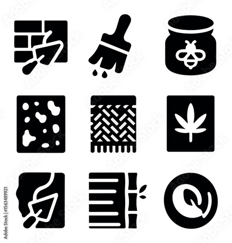 Eco-Friendly Building Finishes. Solid, filled icons set of low-impact building finishes: lime plaster, earth