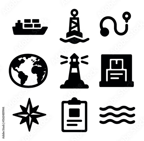 Strategic Sea Lane Icons. Solid, filled icons set of strategic sea lanes: container ship, trade buoy, route