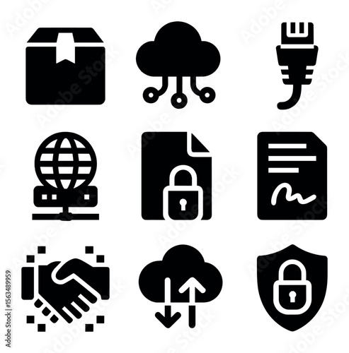 Digital Trade Icons. Solid, filled icons set of digital trade routes: e-commerce package, data cloud, network