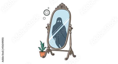 A spooky shadow figure appears in an antique ornate mirror reflecting a ghostly presence with a small clock nearby and a potted plant