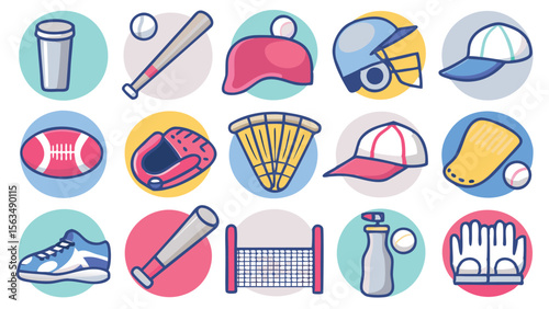 Illustration of various sports equipment including baseball bat helmet and shuttlecock on colored circles