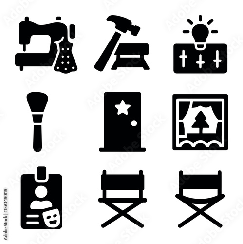 Backstage Dance Icons. Solid, filled icons set of behind-the-scenes dance work: costume sewing machine, prop