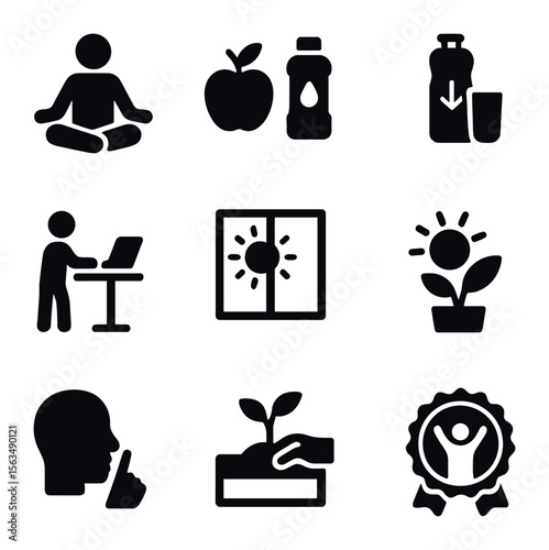 Employee Wellness Icons. Solid, filled icons set of employee wellness and sustainability: meditation space,