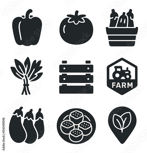 Farmers Market Icons. Solid, filled icons set of farmers market stuffed veggies: fresh bell pepper, garden