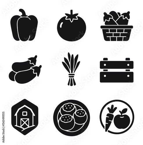 Farmers Market Icons. Solid, filled icons set of farmers market stuffed veggies: fresh bell pepper, garden