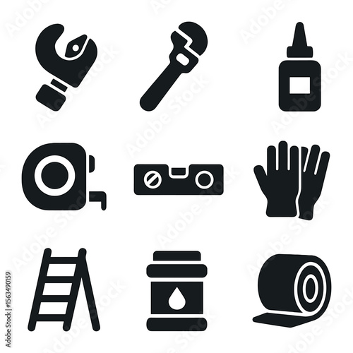 Vent Pipe Tool Icons. Solid, filled icons set of vent pipe installation tools: pipe cutter, plumber wrench,