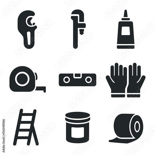 Vent Pipe Tool Icons. Solid, filled icons set of vent pipe installation tools: pipe cutter, plumber wrench,