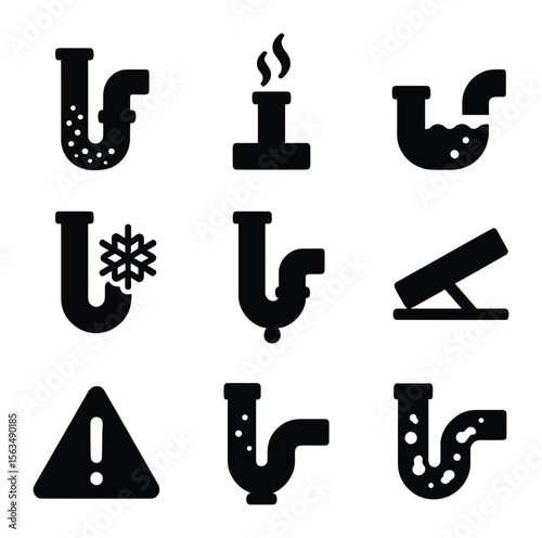 Plumbing Venting Issues Icons. Solid, filled icons set of common venting issues: clogged vent, sewer gas icon,