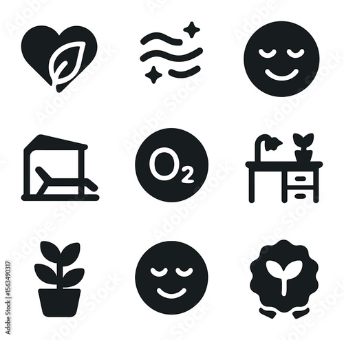 Wellness Icon Grid. Solid, filled icons set of wellness and greenery focus: heart leaf icon, fresh air symbol,