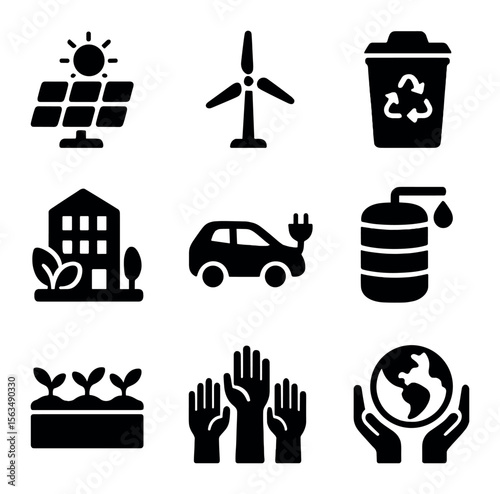 Eco-Friendly Icon Set. Solid, filled icons set of eco-friendly community projects: solar panels, wind turbine,