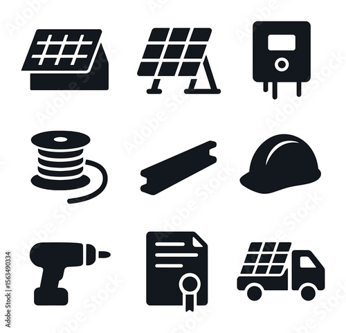 Solar Installation Icons. Solid, filled icons set of solar installation process: roof panel, ground mount,
