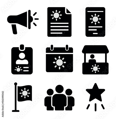Solar Advocacy Icons. Solid, filled icons set of solar advocacy and outreach: megaphone icon, newsletter,