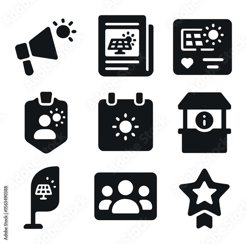 Solar Advocacy Icons. Solid, filled icons set of solar advocacy and outreach: megaphone icon, newsletter,