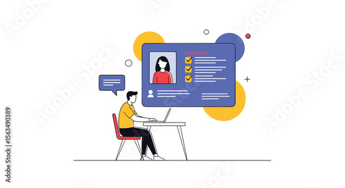 Modern illustration of a person working on a computer with a profile on the screen symbolizing digital identity and online presence management