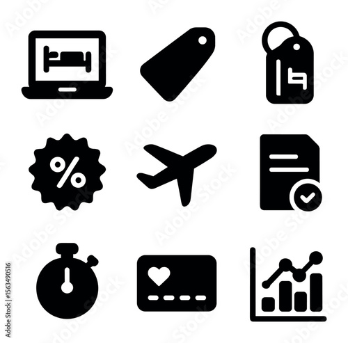 Smart Booking Icons. Solid, filled icons set of smart booking strategies: laptop with booking screen, price