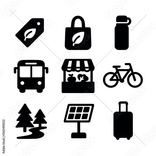 Eco-Friendly Travel Icons. Solid, filled icons set of sustainable budget travel: eco label, reusable bag,