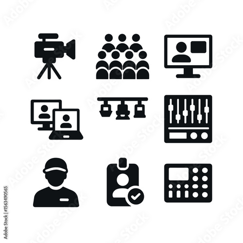 Hybrid Event Icons. Solid, filled icons set of hybrid event setup: stage camera, audience seats, virtual