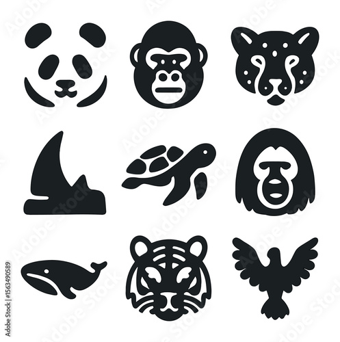Endangered Species Icons. Solid, filled icons set of endangered species icons: panda bear, gorilla face, snow