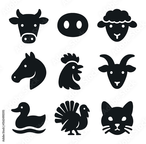 Farm Animal Icons. Solid, filled icons set of farm animals: cow head, pig snout, sheep wool, horse profile,