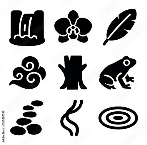 Jungle Waterfall Icons. Solid, filled icons set of jungle waterfall elements: waterfall stream, orchid flower,