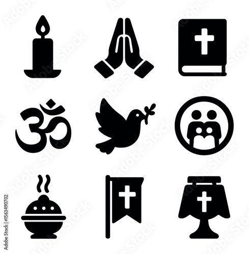 Religious Symbols Icons. Solid, filled icons set of religious and spiritual traditions: lit candle, prayer