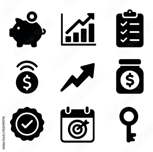Financial Icons Grid. Solid, filled icons set of financial independence early strategies: piggy bank,