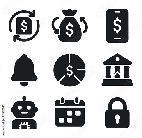 Automated Finance Icons. Solid, filled icons set of automated money management: auto-payment icon, recurring