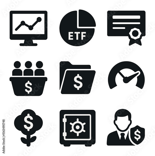 Smart Investing Icons. Solid, filled icons set of smart investing symbols: stock market screen, ETF pie chart,