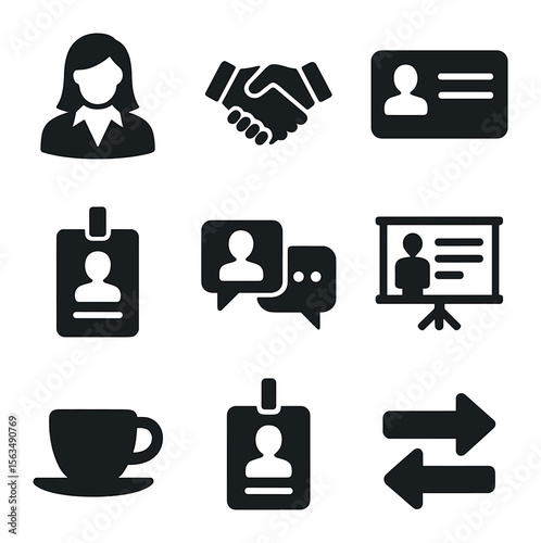 Business Networking Icons. Solid, filled icons set of businesswoman networking events: professional woman,