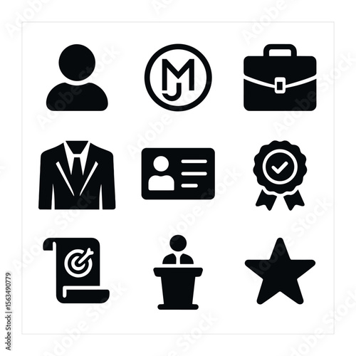 Professional Branding Icons. Solid, filled icons set of professional branding symbols: profile icon, personal