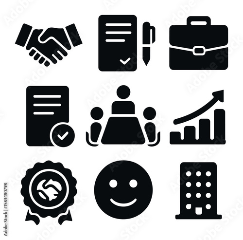 Professional Partnership Icons. Solid, filled icons set of professional handshake moments: two hands shaking,