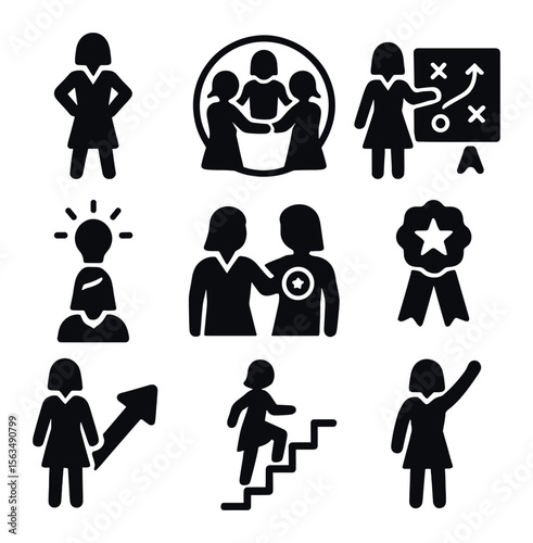 Women in Leadership Icons. Solid, filled icons set of women in leadership: confident pose, teamwork circle,
