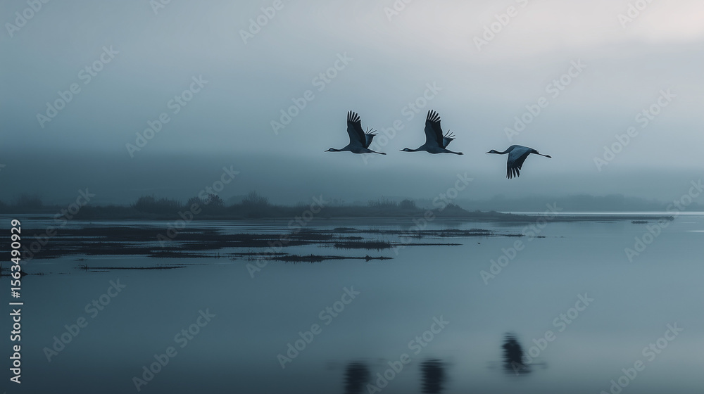 Fototapeta premium Cranes flying over tranquil water landscape