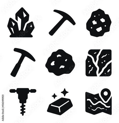 Mineral Resources Icons. Solid, filled icons set of rare mineral resources: crystal cluster, mining pickaxe,