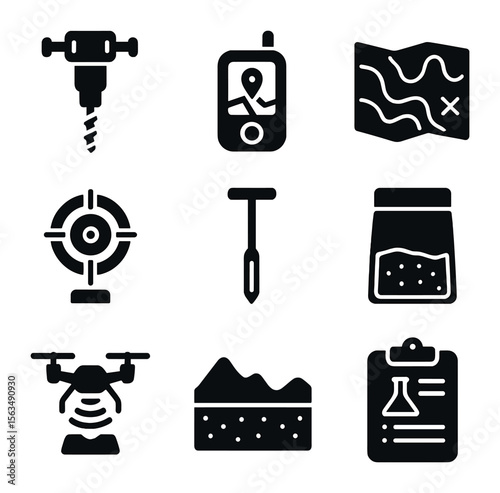 Mineral Exploration Tools Icons. Solid, filled icons set of mineral exploration tools: exploration drill, GPS