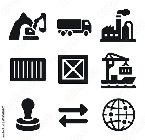 Rare Earth Icons. Solid, filled icons set of rare earth supply chain: extraction site, transport truck,