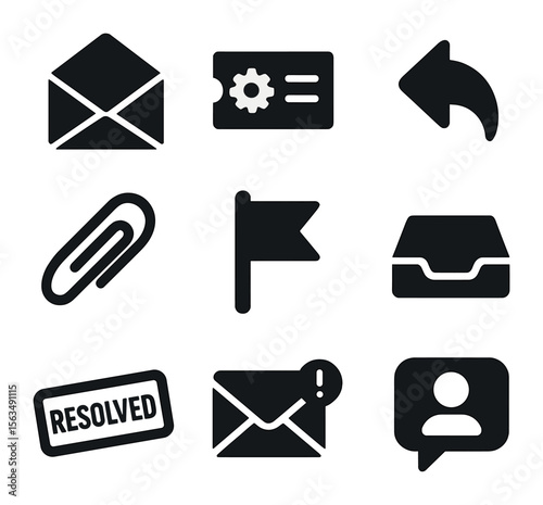 Email Support Icons. Solid, filled icons set of email and ticket support: open envelope, support ticket form,
