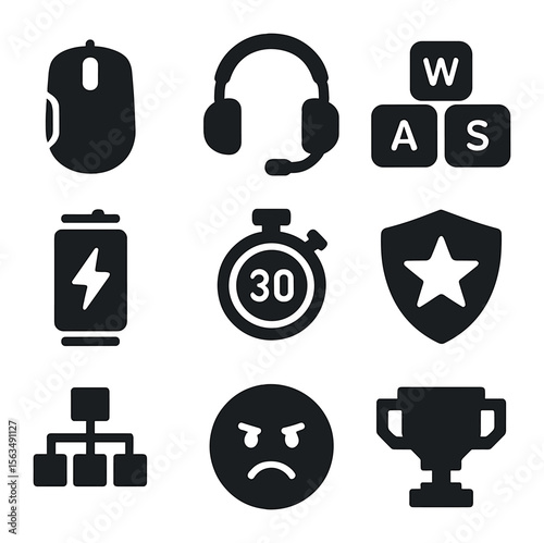 E-Sports Icon Grid. Solid, filled icons set of e-sports competition elements: gaming mouse, headset mic,