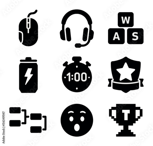 E-Sports Icon Grid. Solid, filled icons set of e-sports competition elements: gaming mouse, headset mic,