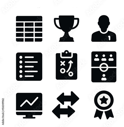 Fantasy Sports Icons. Solid, filled icons set of fantasy sports management: draft board, trophy cup, player