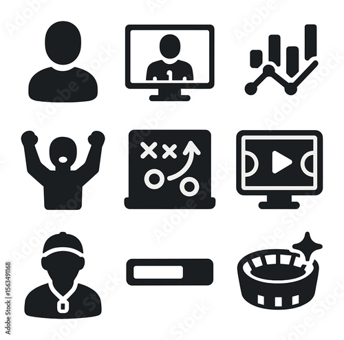 Virtual Sports Icons. Solid, filled icons set of virtual sports simulation: digital avatar, simulation screen,