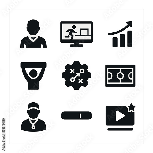 Virtual Sports Icons. Solid, filled icons set of virtual sports simulation: digital avatar, simulation screen,