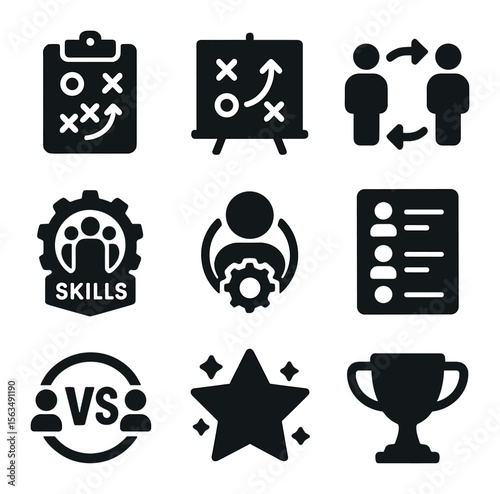 Team Building Icons. Solid, filled icons set of team building and strategy: clipboard plan, tactics board,