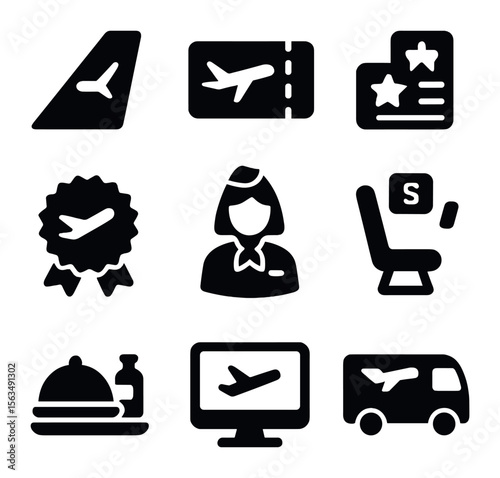 Airline Icons Grid. Solid, filled icons set of airline logos and branding: airplane tail fin, airline ticket,