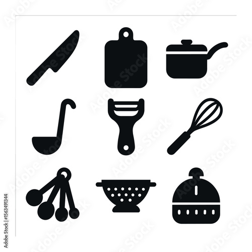 Culinary Tools Icons. Solid, filled icons set of culinary tools and utensils: chef knife, cutting board,