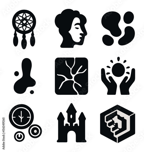 Imaginative Dream Icons. Solid, filled icons set of imaginative dream symbols: dreamcatcher, surreal face,