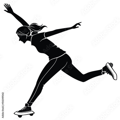 Silhouette of Woman Skateboarding: Action Pose, Dynamic Movement, Extreme Sport Illustration