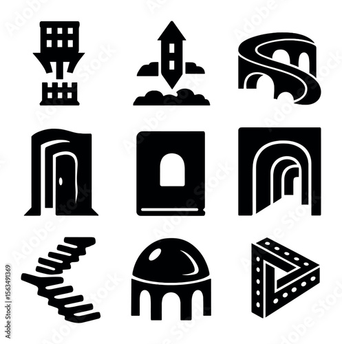 Surreal Architecture Icons. Solid, filled icons set of surreal dream architecture: upside-down buildings,