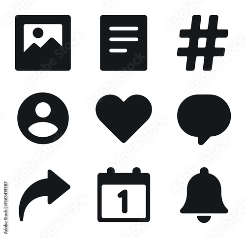 Social Media Icons Grid. Solid, filled icons set of social media post layout templates: image frame, text box,