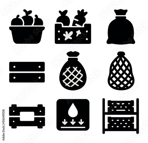 Agricultural Storage Icons. Solid, filled icons set of agricultural product storage: fruit basket, vegetable